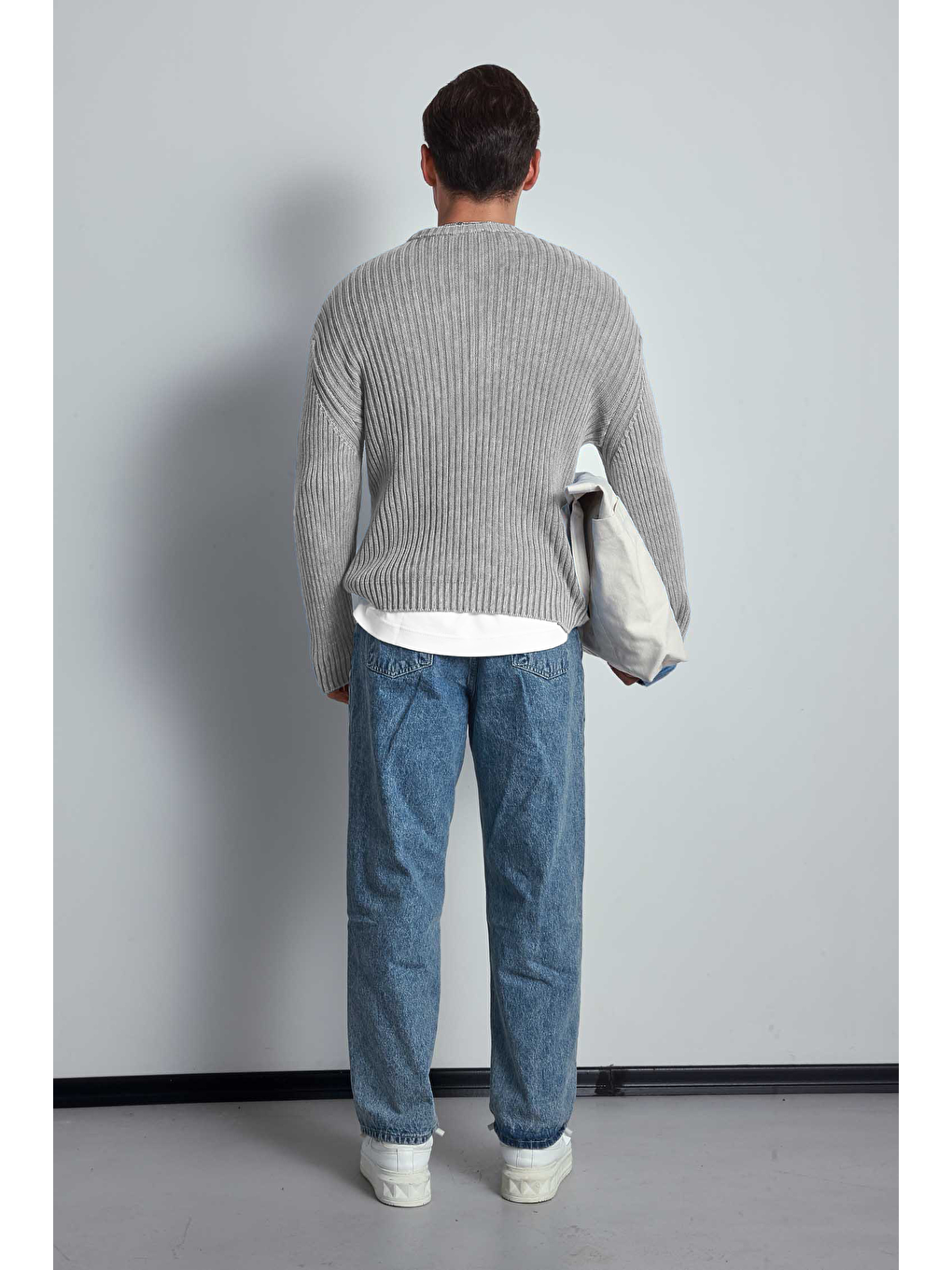 Erkek Oversize Yıkamalı Efektli Basic Kazak Gri-5