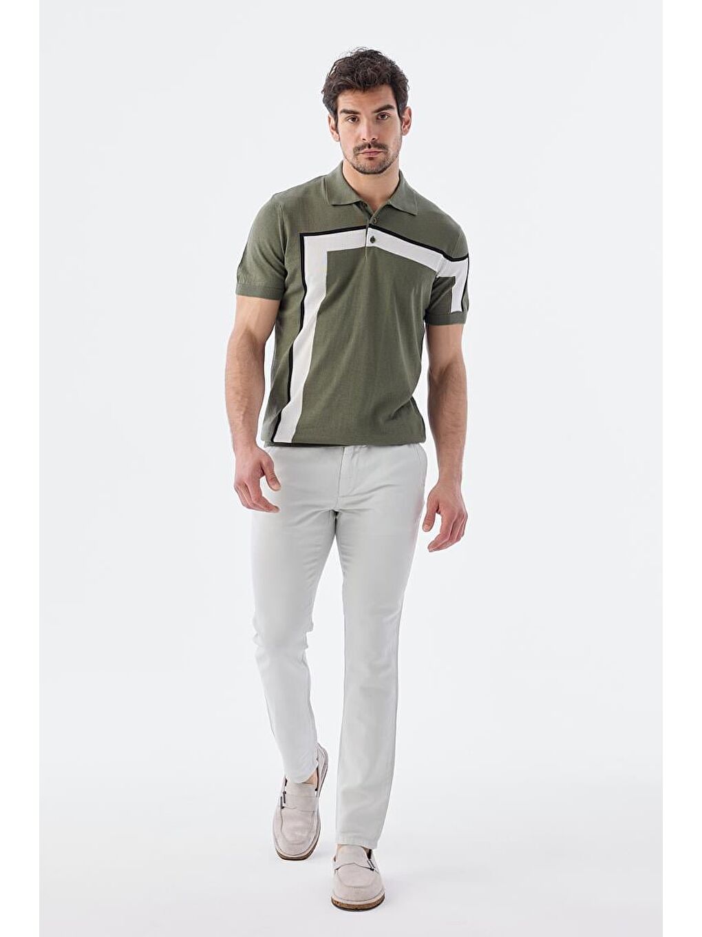 Haki Slim Fit Şerit Detaylı Polo Yaka T-Shirt-1