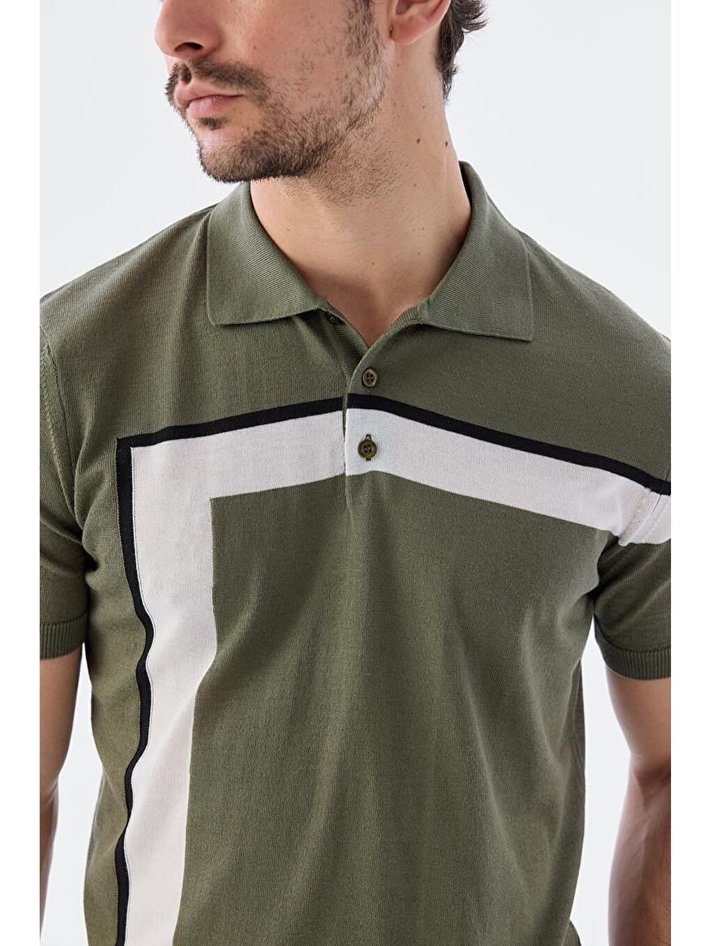 Haki Slim Fit Şerit Detaylı Polo Yaka T-Shirt-2