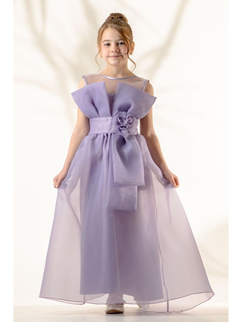 Lila Kız Çocuk Organze Tül Çiçek ve Fiyonk Detaylı Gipe Sırtlı Prenses Abiye Elbise M00800