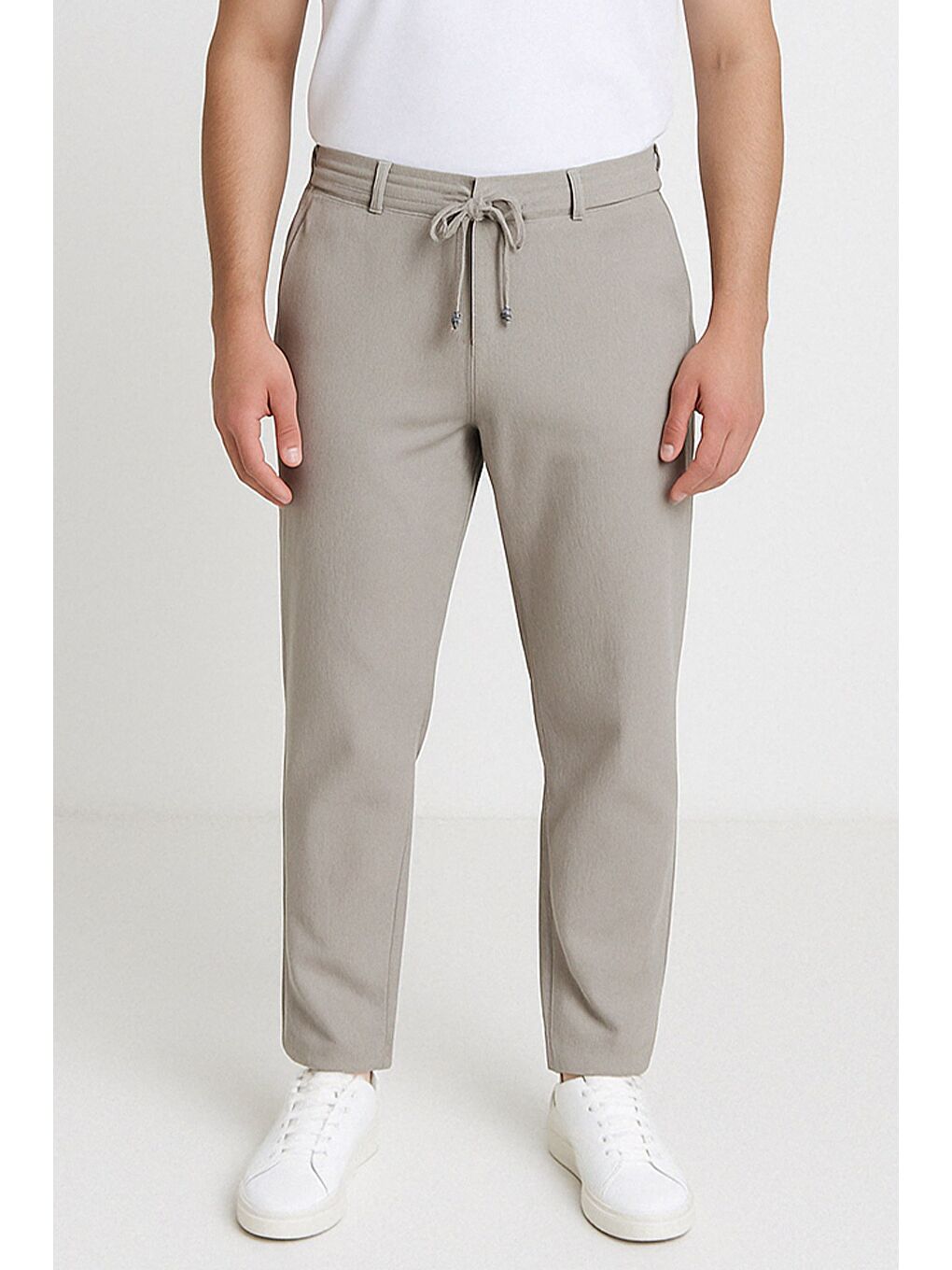 Gri Duble Paça Kendinden Desenli Bel Bağlamalı Erkek Pantolon