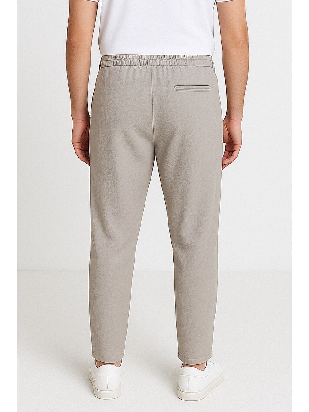 Gri Duble Paça Kendinden Desenli Bel Bağlamalı Erkek Pantolon-1