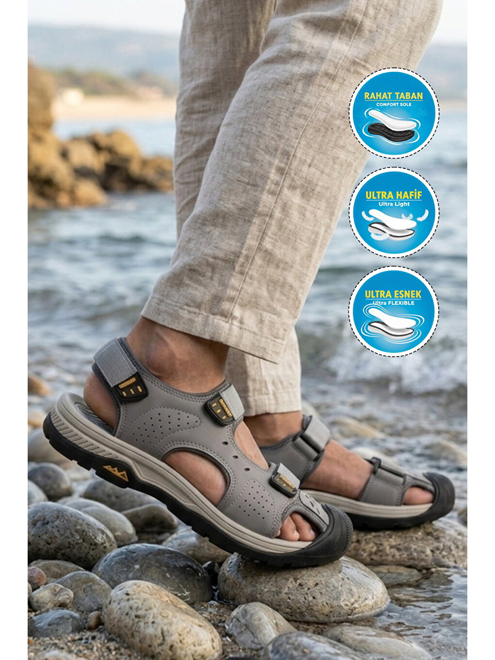 Erkek Outdoor Trekking Sandalet Kapalı Burun Cırtlı Günlük Yürüyüş Gri E337 M-2