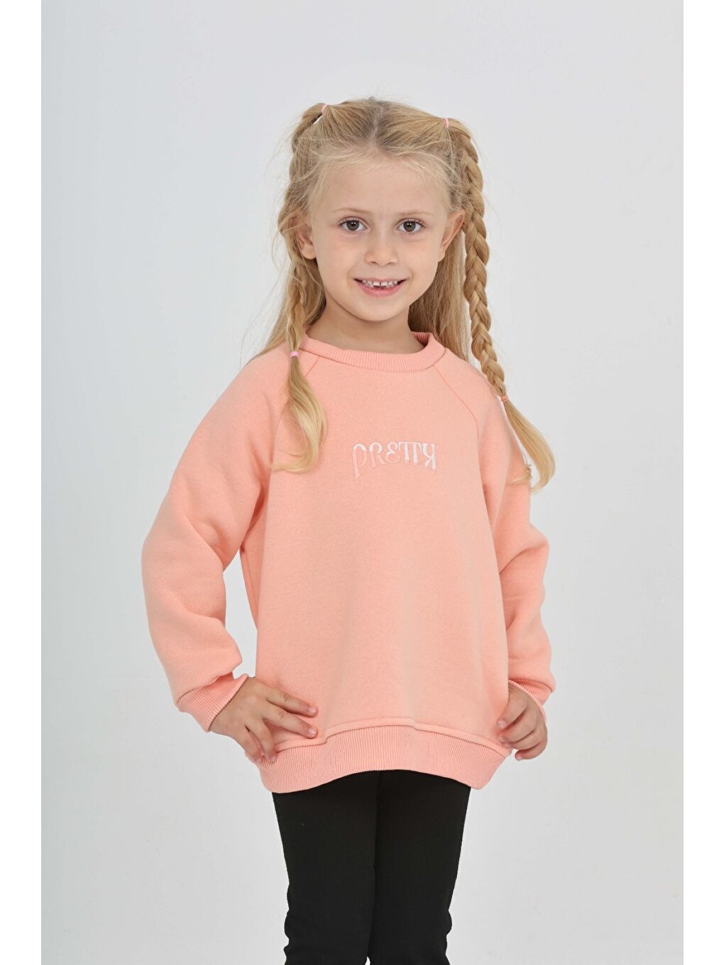 Pembe Kız Çocuk Nakışlı Bisiklet Yaka Reglan Kol  Sweatshırt 24909-1