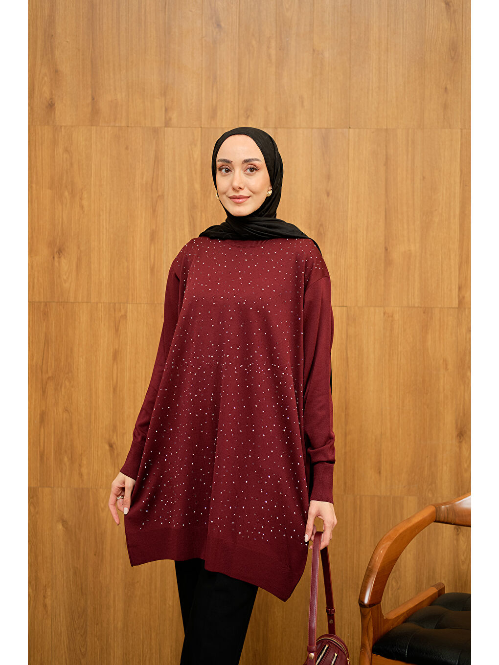 Kadın Taş Detay Triko Tunik Bordo