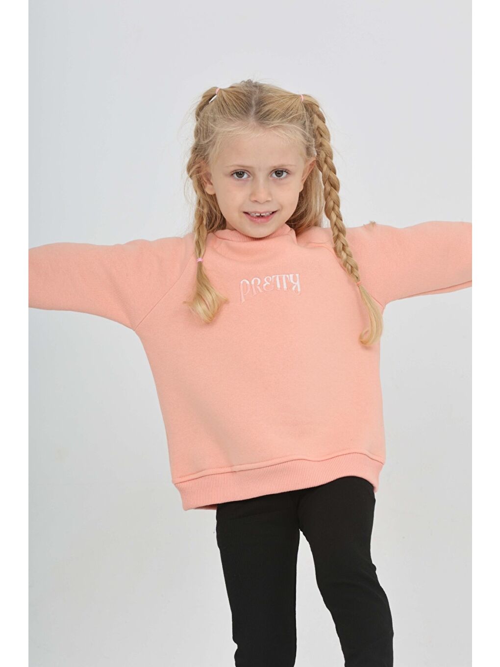 Pembe Kız Çocuk Nakışlı Bisiklet Yaka Reglan Kol  Sweatshırt 24909-2