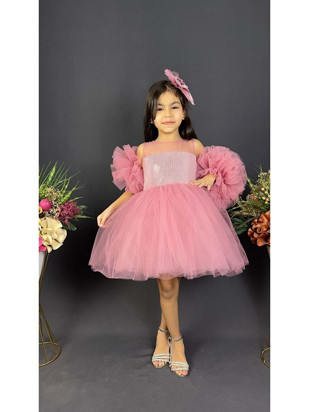 Pembe Şifon Robalı Ponpon Kol Pul Payetli Kız Çocuk Kabarık Etek Tütülü Abiye
