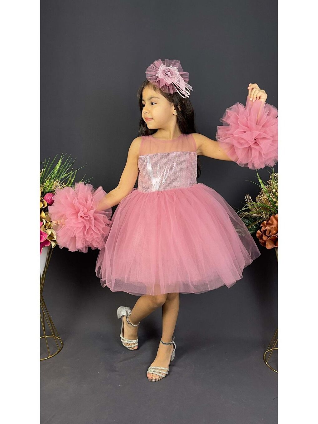 Pembe Şifon Robalı Ponpon Kol Pul Payetli Kız Çocuk Kabarık Etek Tütülü Abiye-1