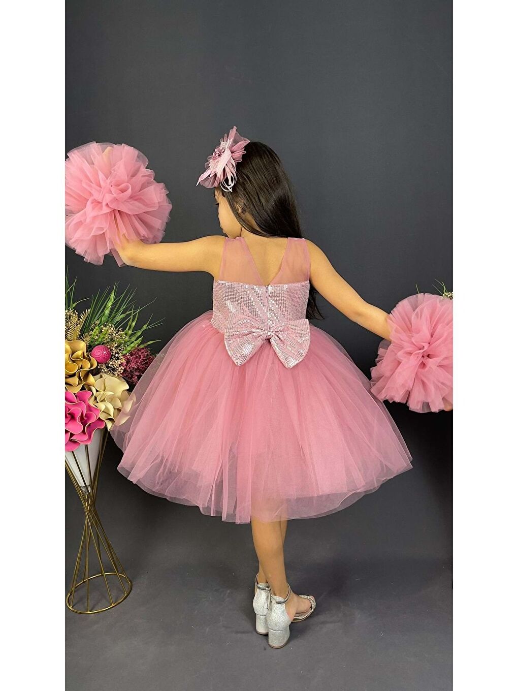 Pembe Şifon Robalı Ponpon Kol Pul Payetli Kız Çocuk Kabarık Etek Tütülü Abiye-2