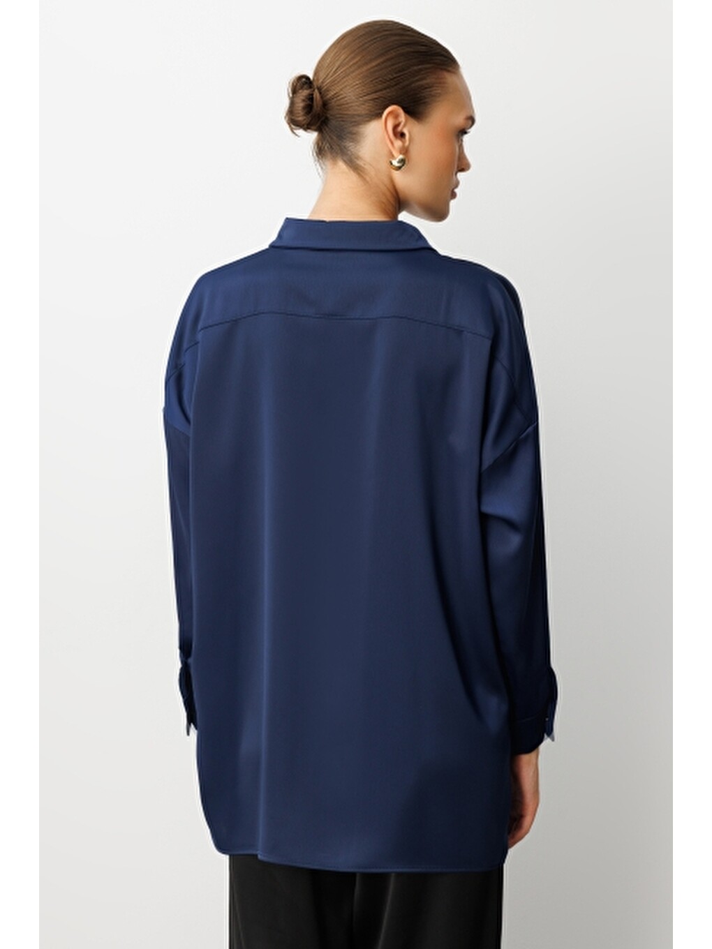 Lacivert Metal Düğmeli Saten Tunik Gömlek-3