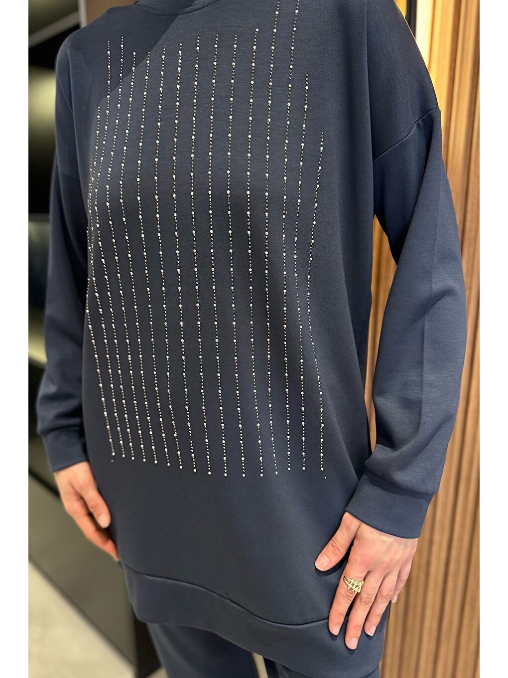 İndigo Bisiklet Yaka Ön Taşlı Büyük Beden Tesettür Tunik Pantolon İkili Takım-5