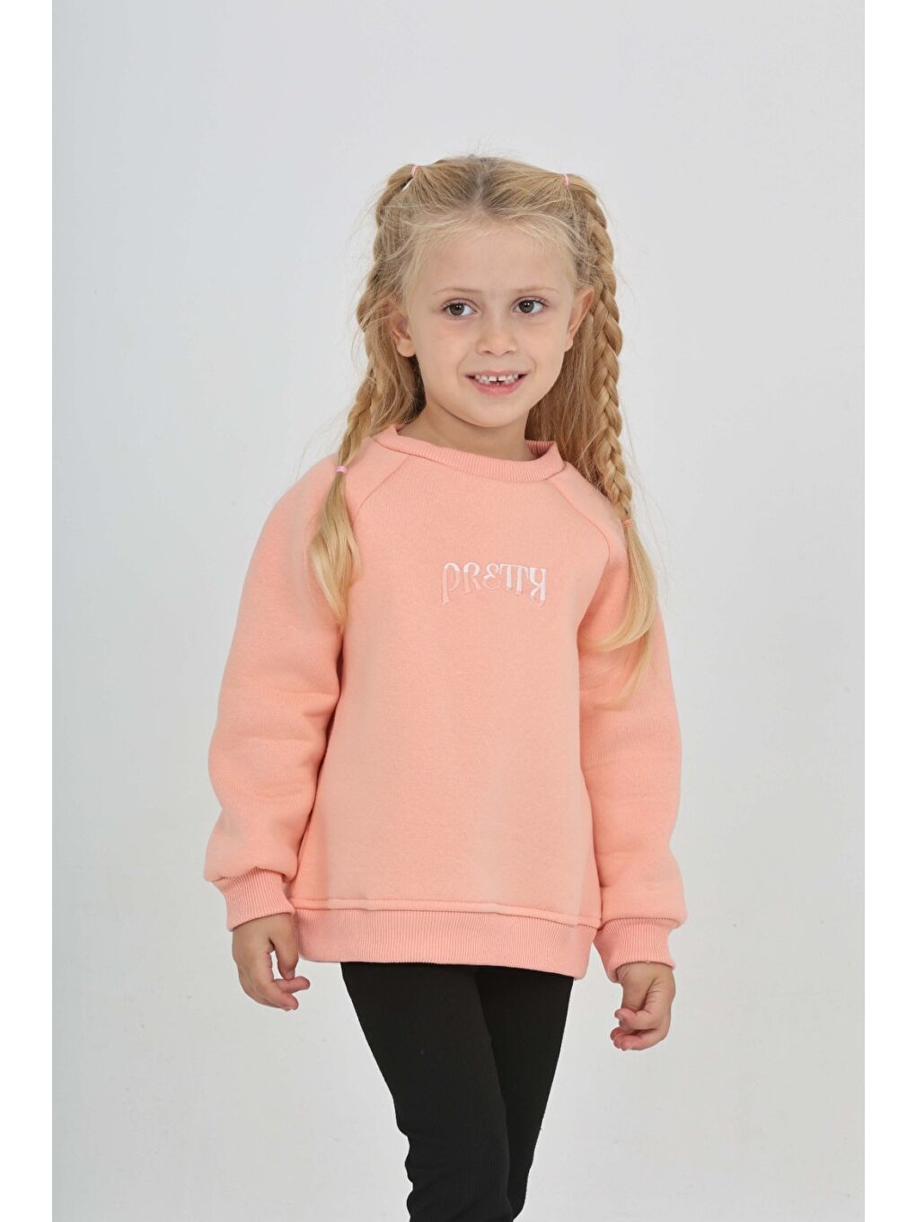 Pembe Kız Çocuk Nakışlı Bisiklet Yaka Reglan Kol  Sweatshırt 24909-3