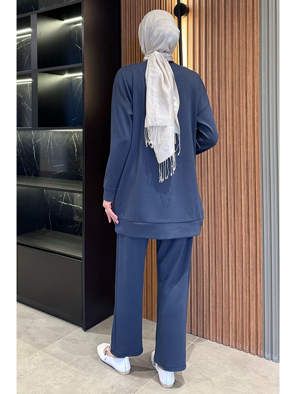 İndigo Bisiklet Yaka Ön Taşlı Büyük Beden Tesettür Tunik Pantolon İkili Takım-7