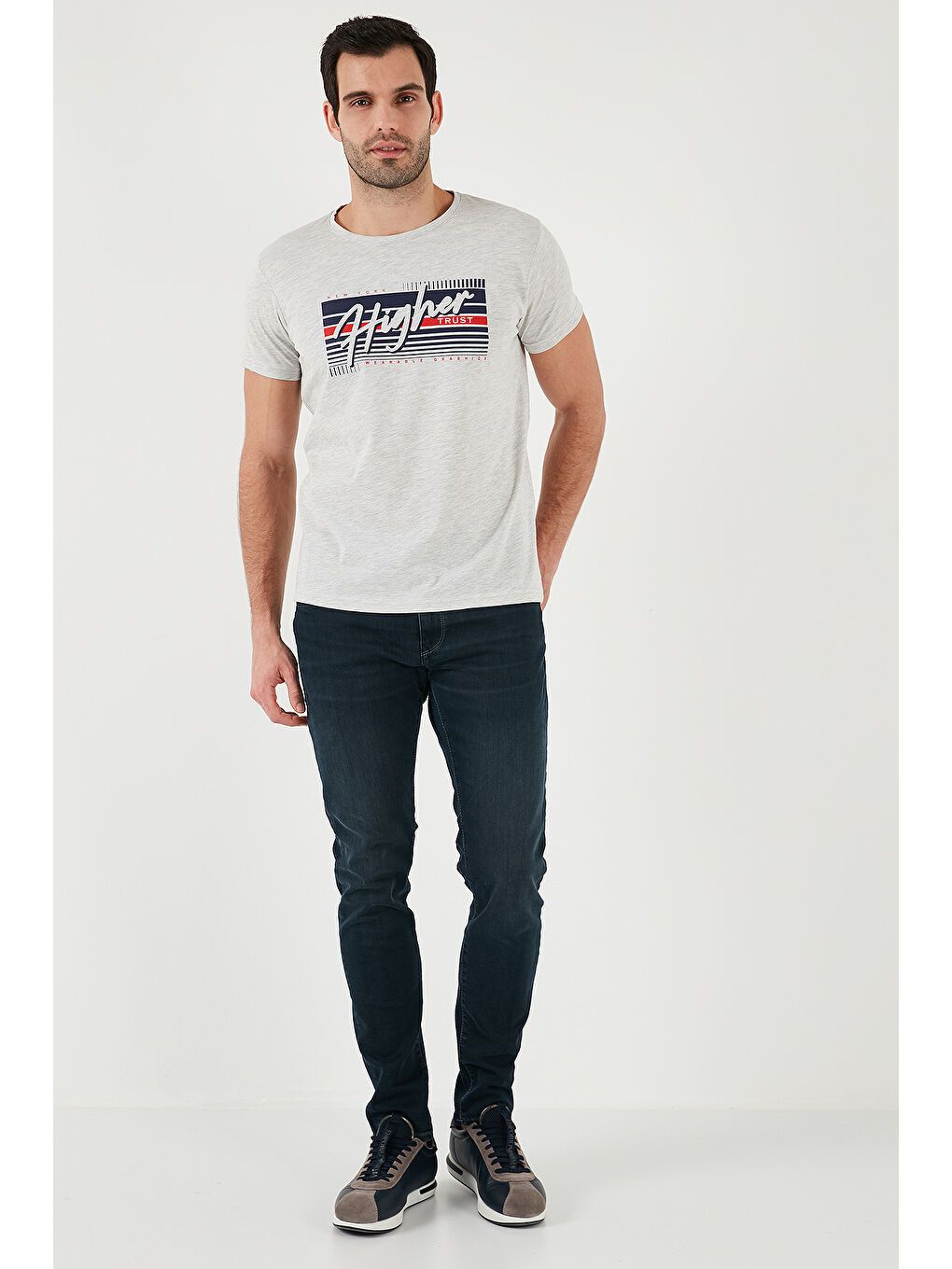 Antrasit Pamuklu Slim Fit Bisiklet Yaka Baskılı Tişört 541HIGHER-1