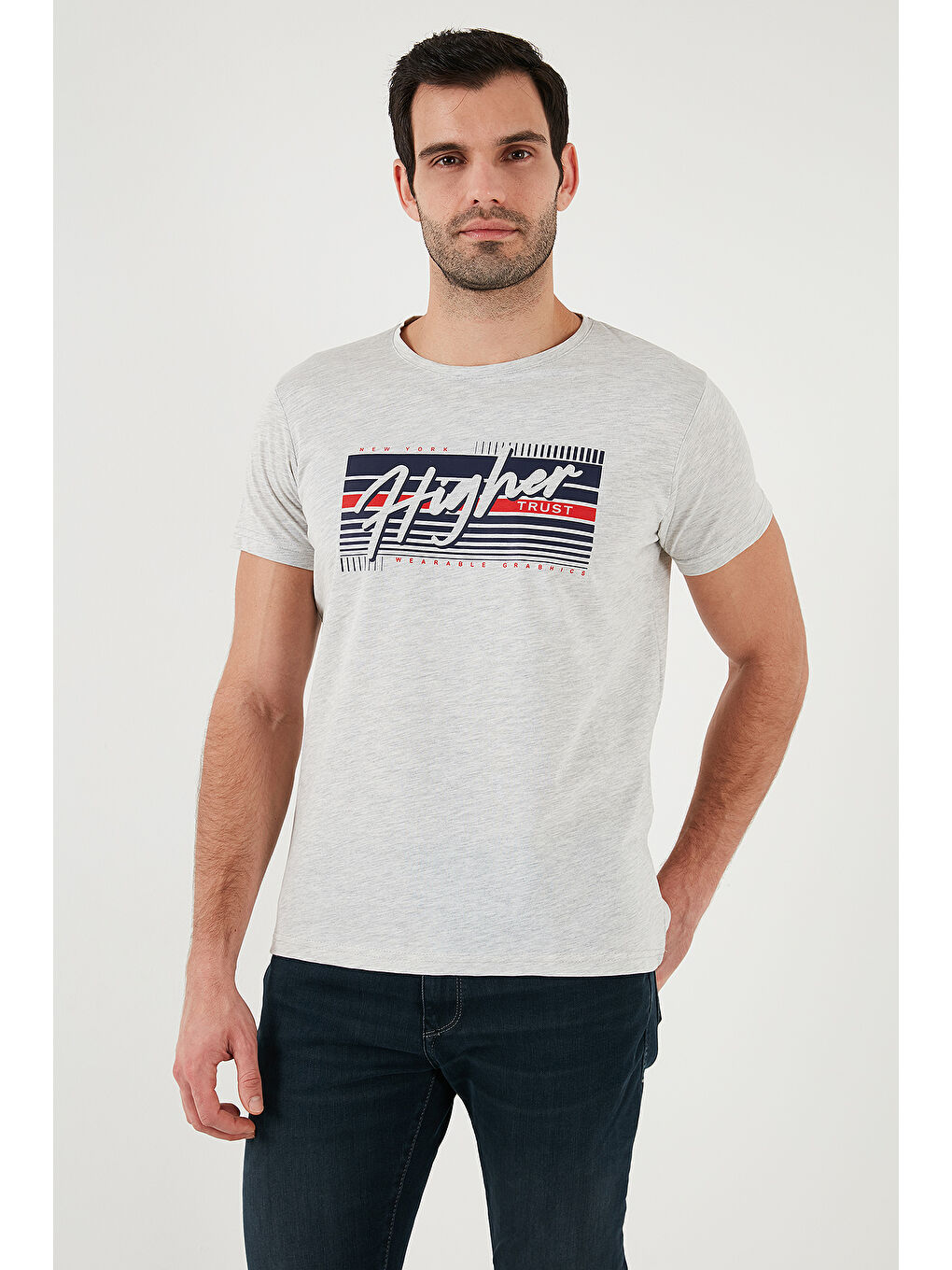 Antrasit Pamuklu Slim Fit Bisiklet Yaka Baskılı Tişört 541HIGHER-3