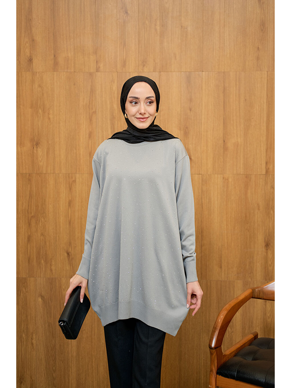 Kadın Taş Detay Triko Tunik Gri