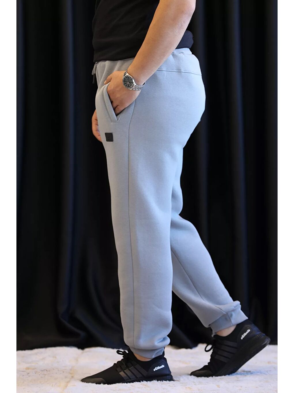 Gri Bel Lastikli Üç İplik Şardonlu Erkek Eşofman Altı-1