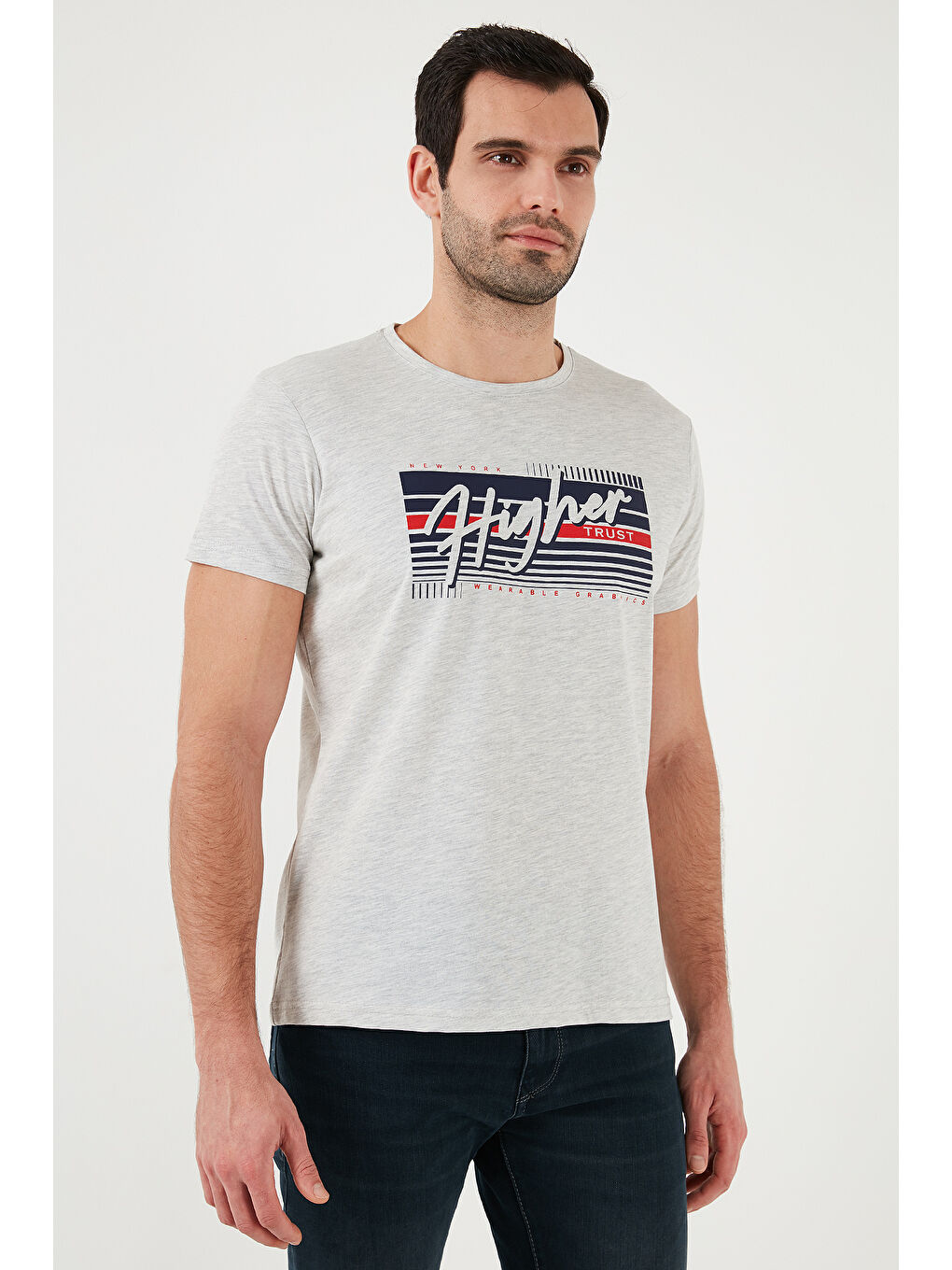 Antrasit Pamuklu Slim Fit Bisiklet Yaka Baskılı Tişört 541HIGHER-4