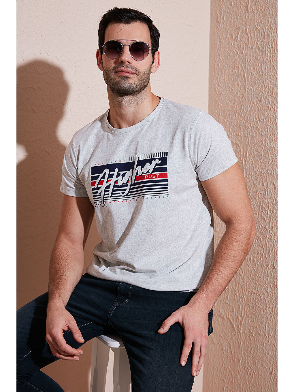 Antrasit Pamuklu Slim Fit Bisiklet Yaka Baskılı Tişört 541HIGHER-5