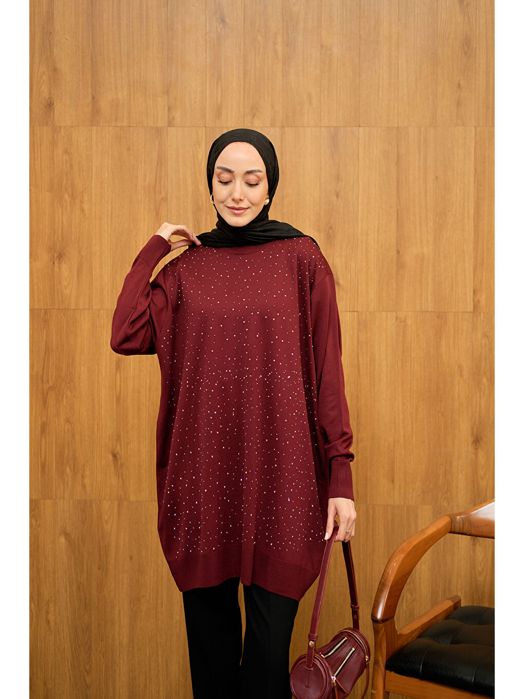 Kadın Taş Detay Triko Tunik Bordo-1