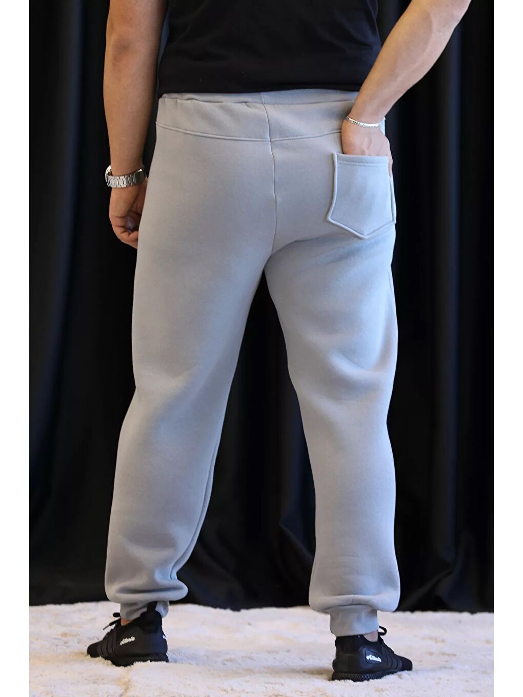 Gri Bel Lastikli Üç İplik Şardonlu Erkek Eşofman Altı-2