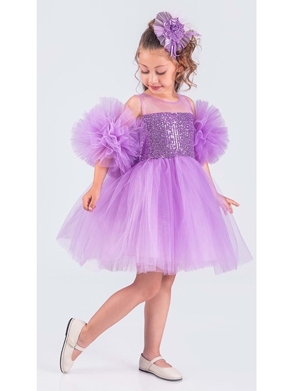 Lila Şifon Robalı Ponpon Kol Pul Payetli Kız Çocuk Kabarık Etek Tütülü Abiye-1