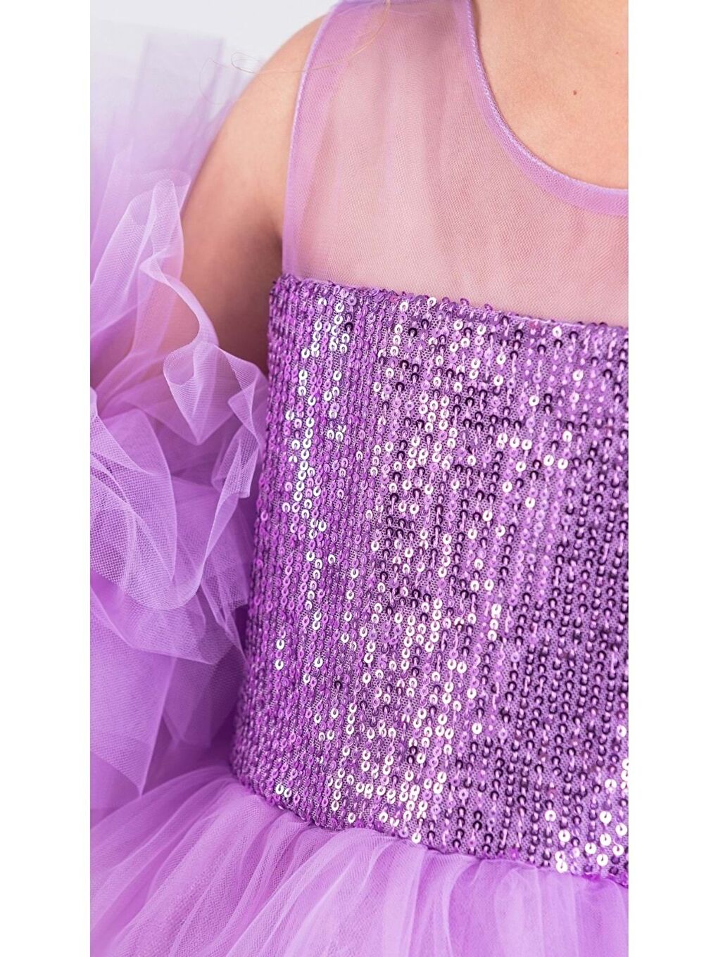 Lila Şifon Robalı Ponpon Kol Pul Payetli Kız Çocuk Kabarık Etek Tütülü Abiye-2
