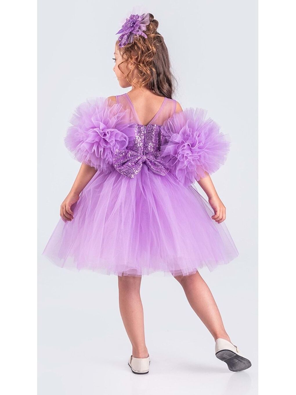 Lila Şifon Robalı Ponpon Kol Pul Payetli Kız Çocuk Kabarık Etek Tütülü Abiye-3