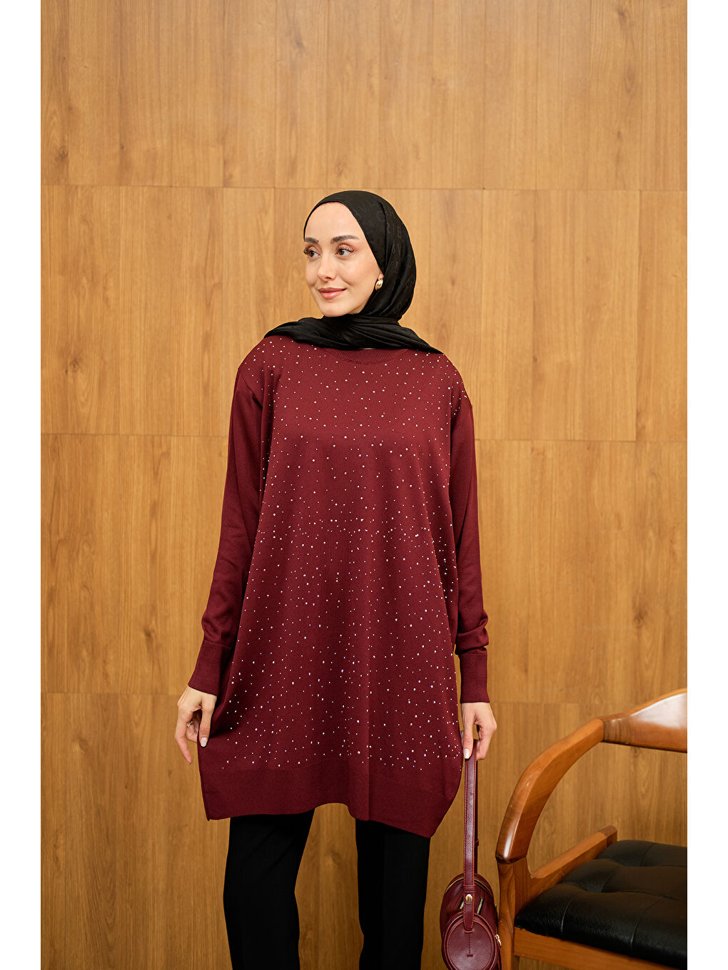 Kadın Taş Detay Triko Tunik Bordo-2