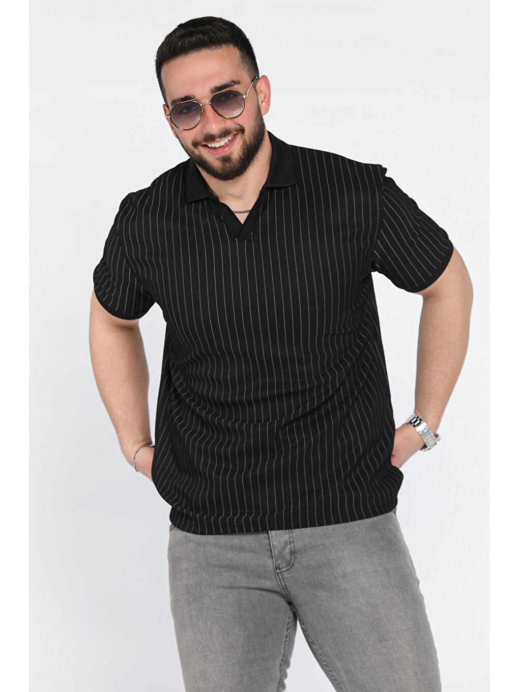 Siyah Polo Yaka Jakarlı Erkek Tişört