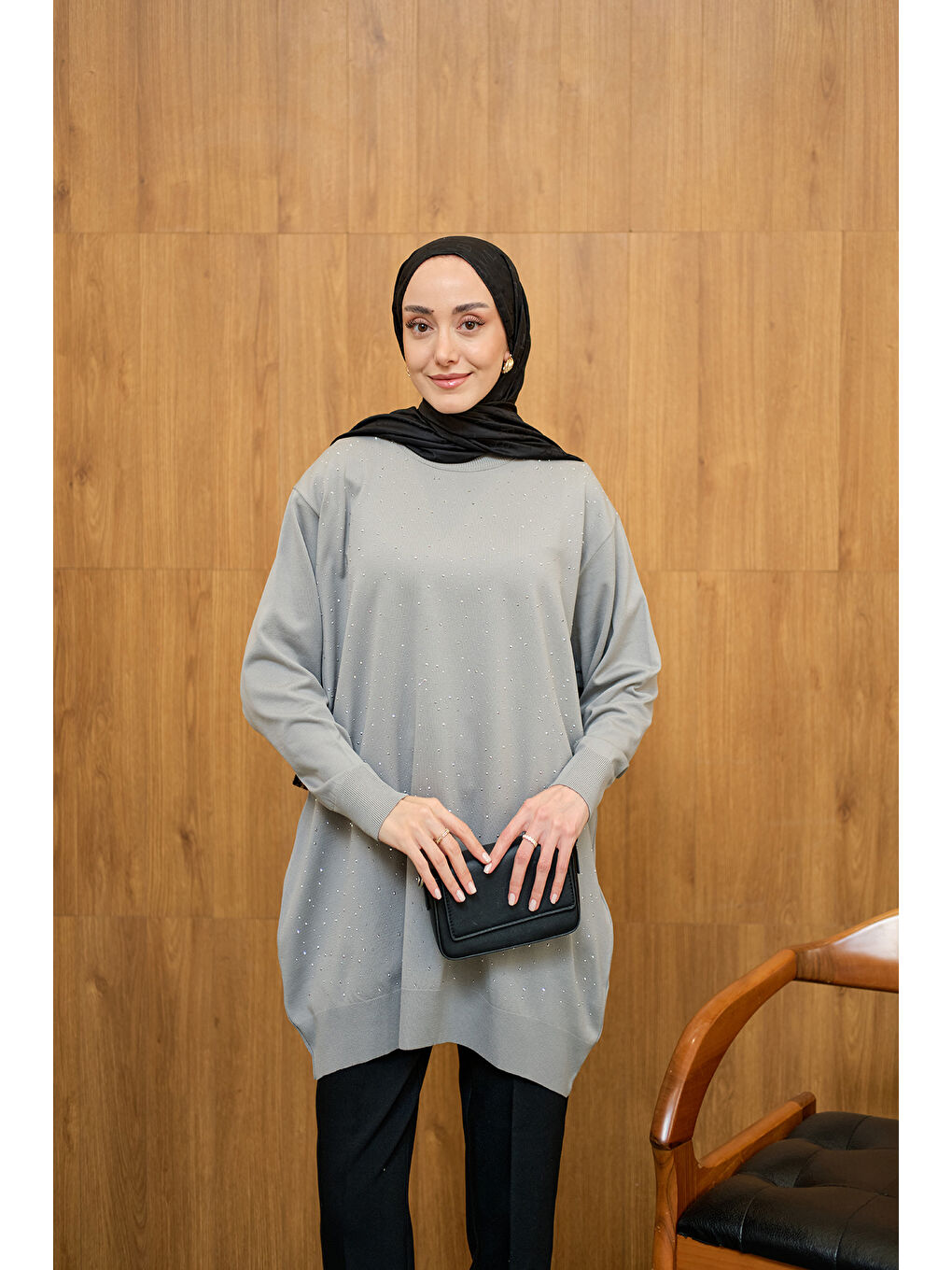 Kadın Taş Detay Triko Tunik Gri-1