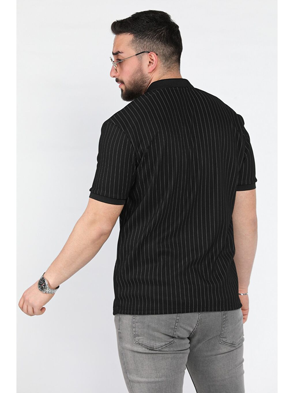 Siyah Polo Yaka Jakarlı Erkek Tişört-2