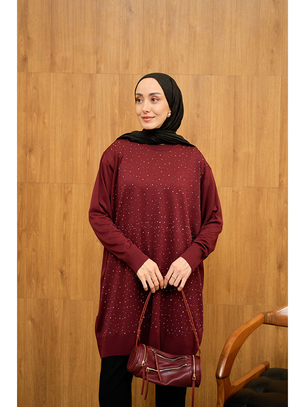 Kadın Taş Detay Triko Tunik Bordo-3