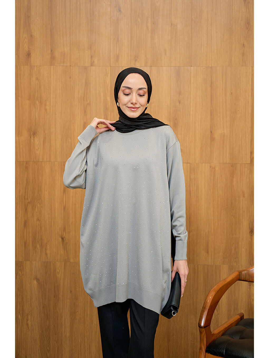 Kadın Taş Detay Triko Tunik Gri-2