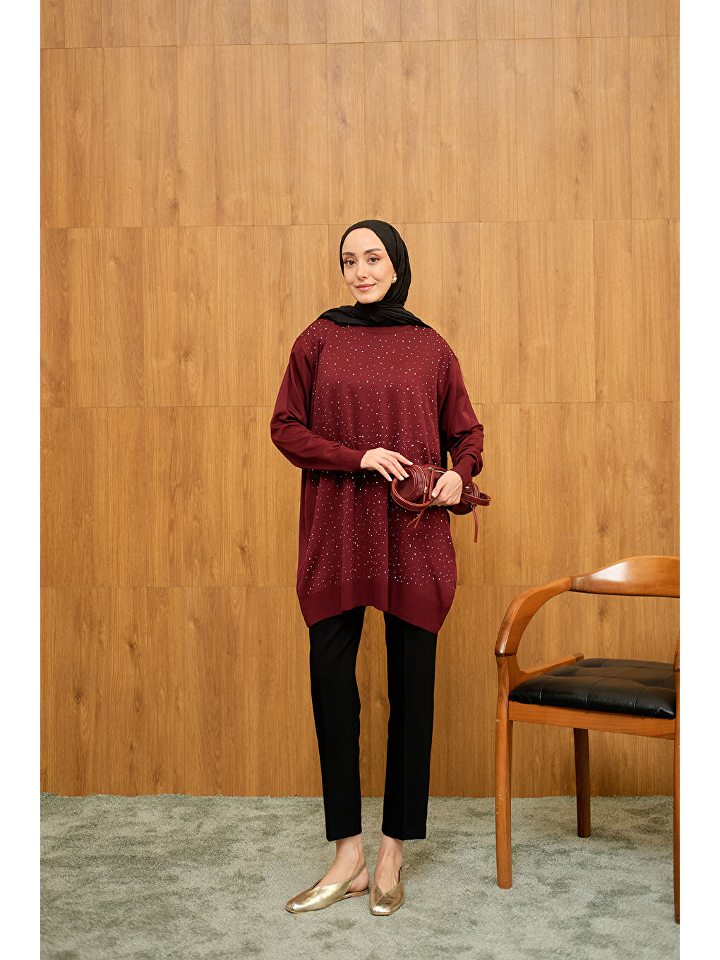 Kadın Taş Detay Triko Tunik Bordo-4