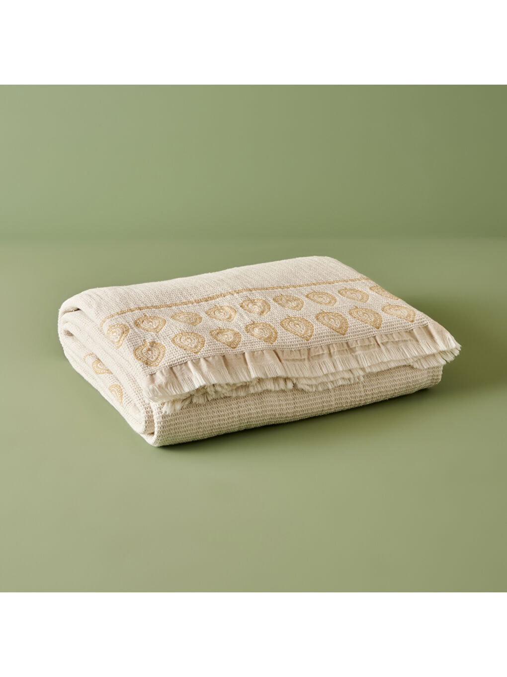 Ekru %100 Pamuk Indian Art Jakarlı Çift Kişilik Yatak Örtüsü Seti Krem (240x260 cm)-5