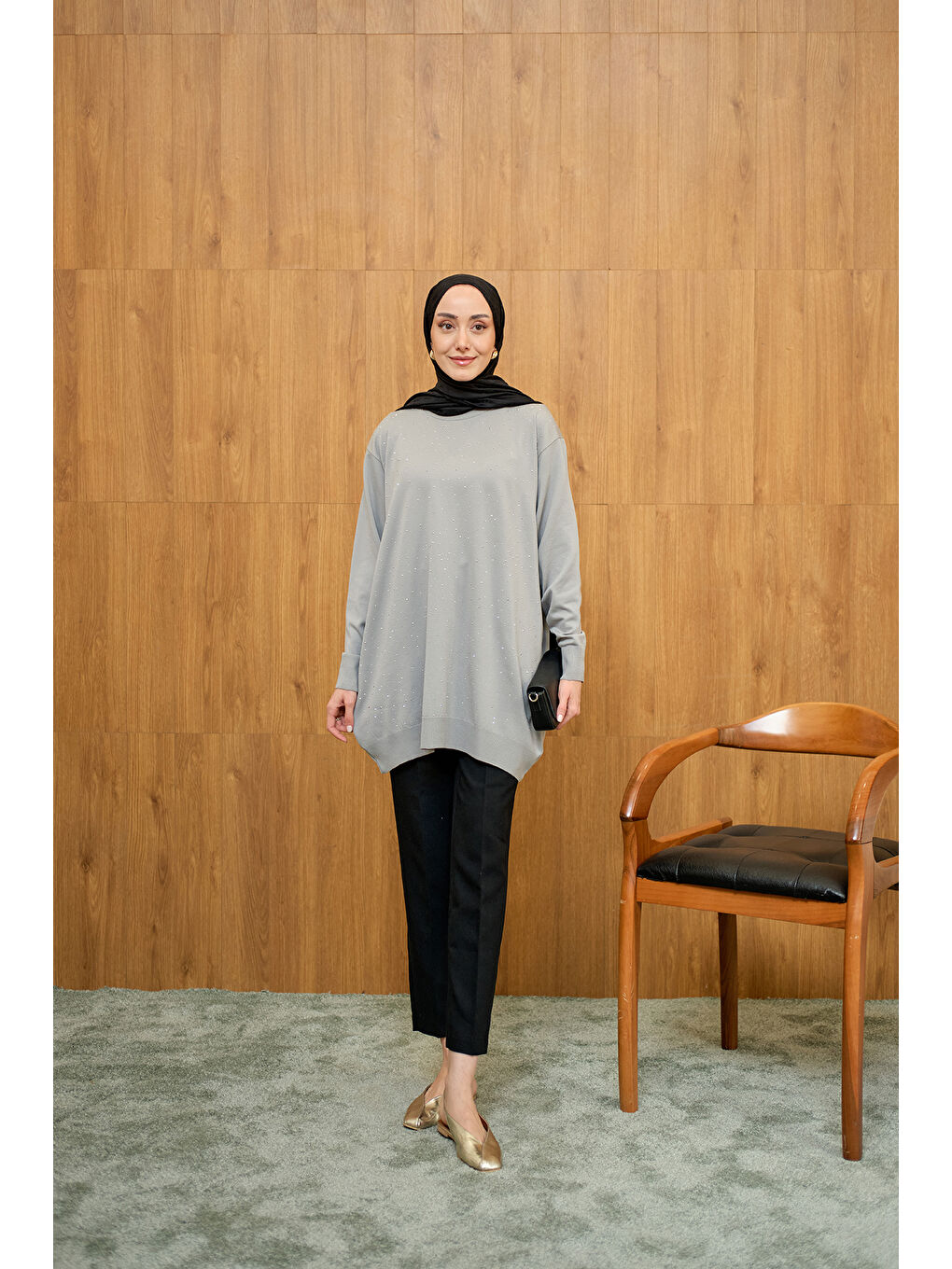 Kadın Taş Detay Triko Tunik Gri-3