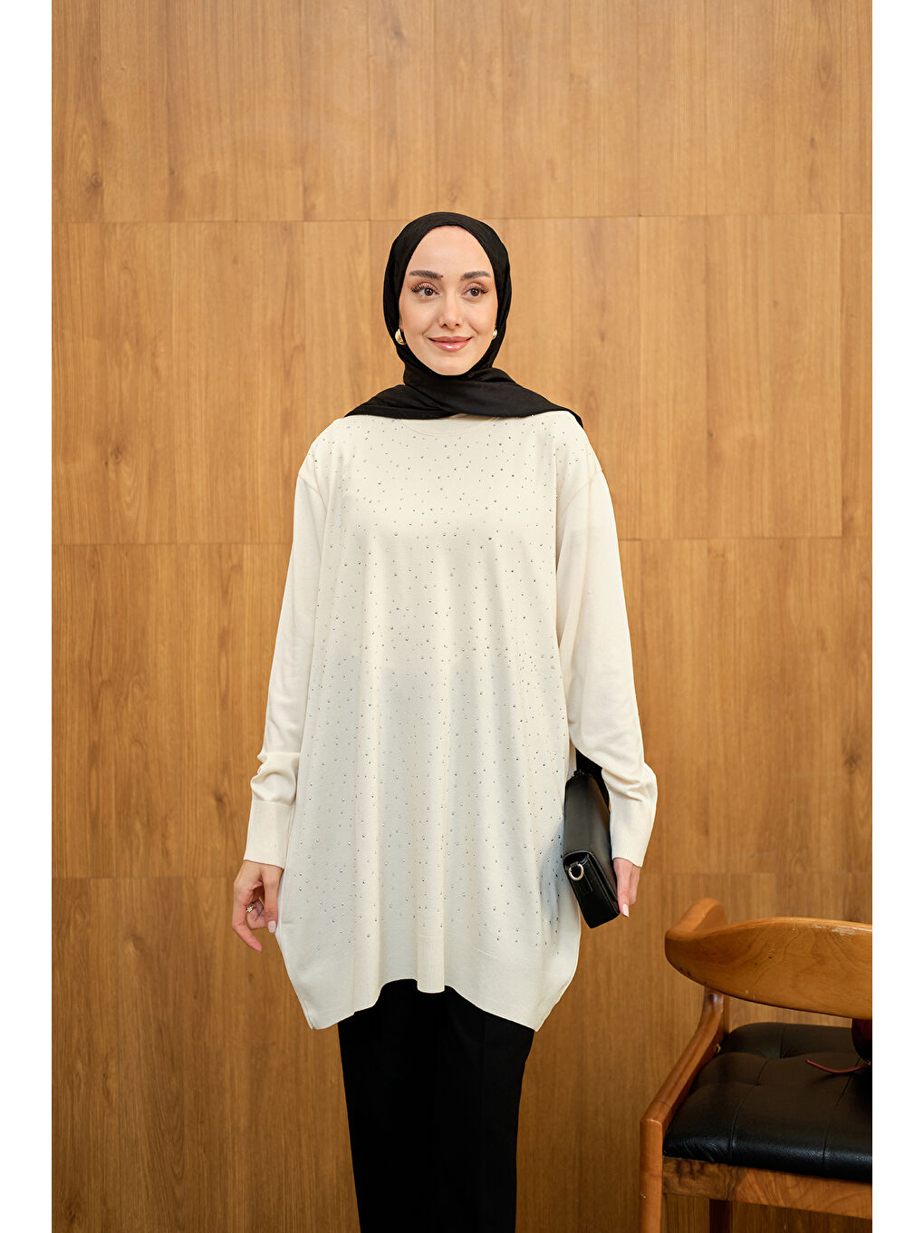 Ekru Kadın Taş Detay Triko Tunik Krem