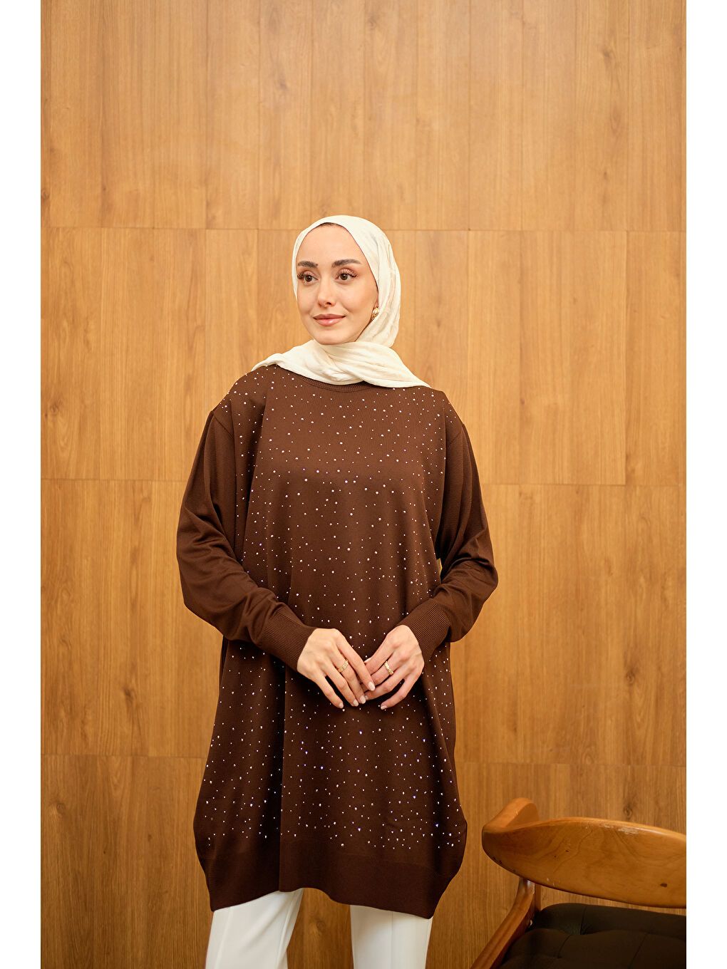 Kadın Taş Detay Triko Tunik Kahverengi-1