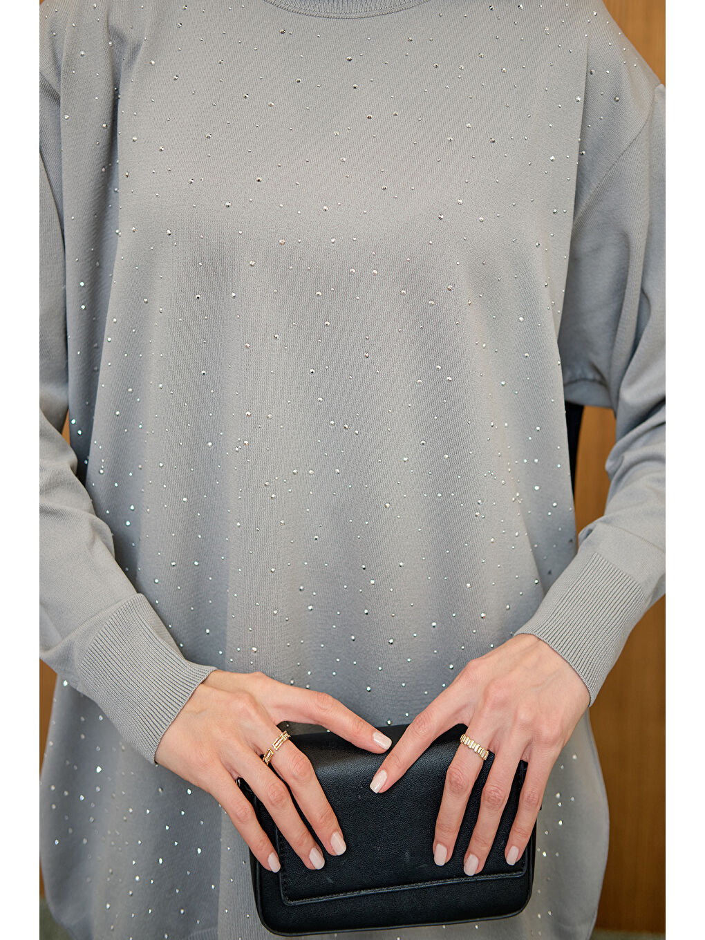 Kadın Taş Detay Triko Tunik Gri-4