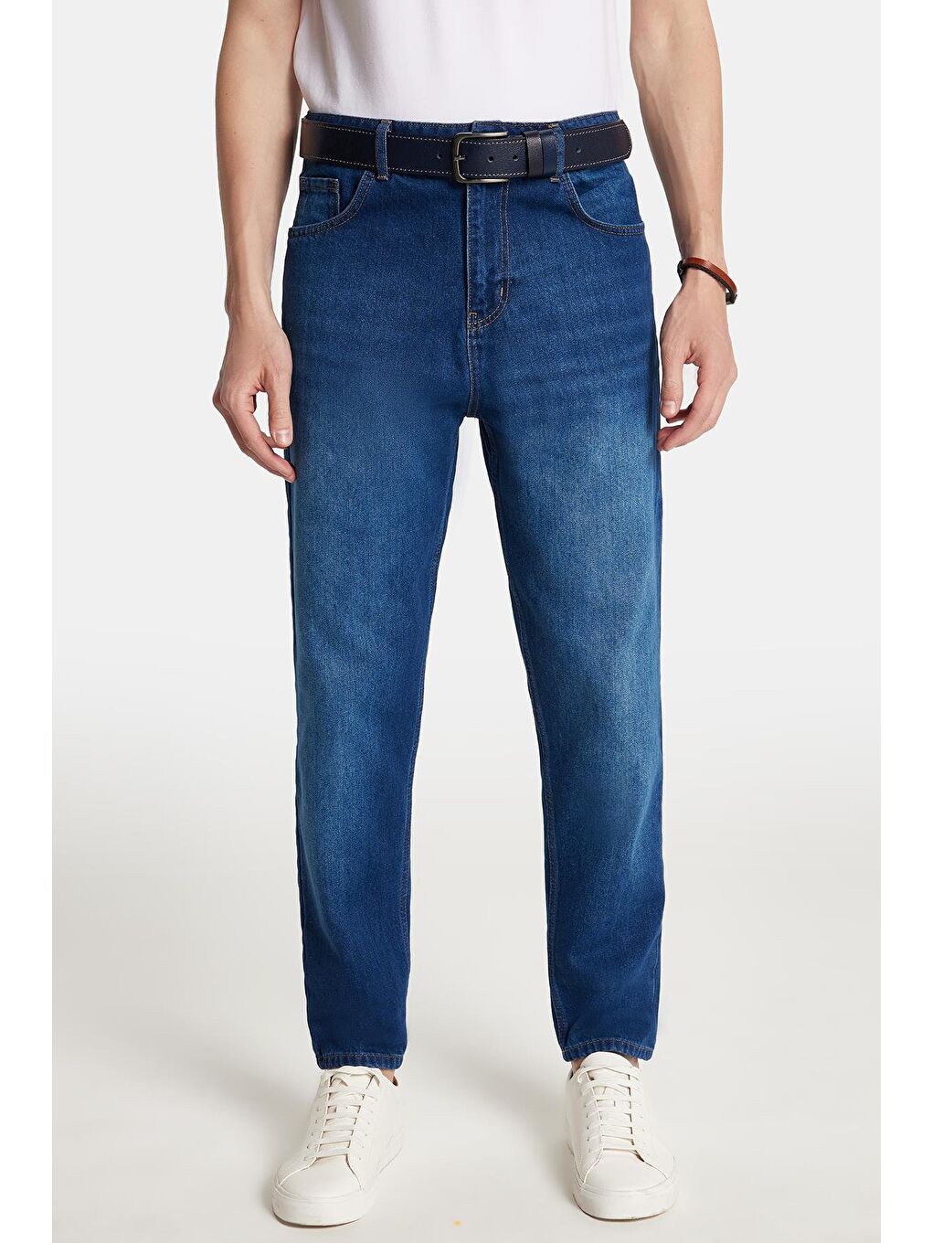 Erkek Relax Fit Geniş Kesim Boru Paça Yıkamalı Taşlamalı Boyfriend Esnek Lacivert Jean Pantolon