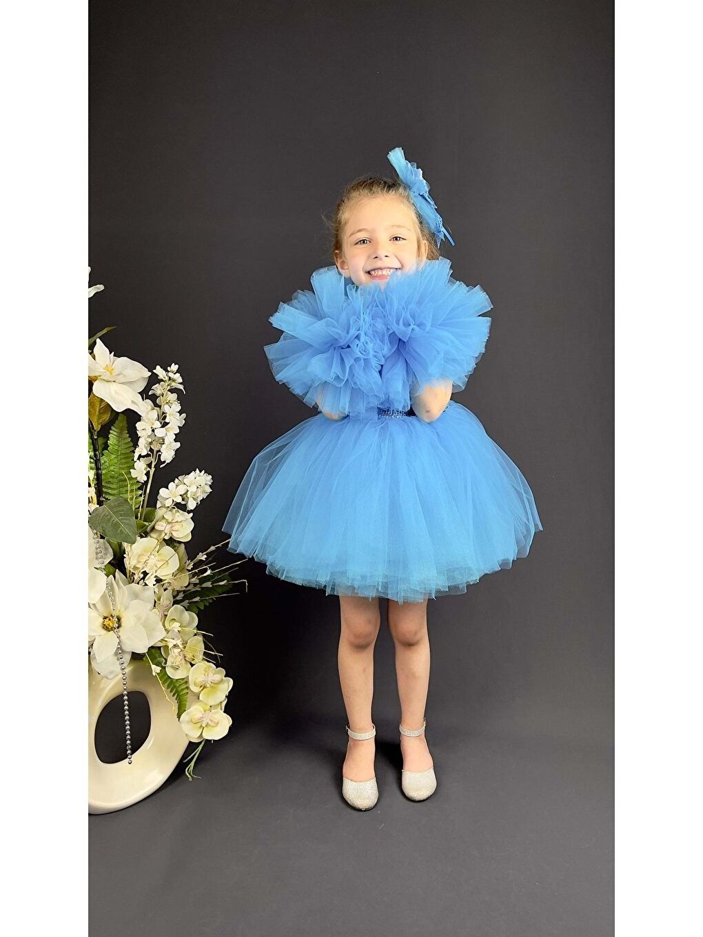 Mavi Şifon Robalı Ponpon Kol Pul Payetli Kız Çocuk Kabarık Etek Tütülü Abiye-1