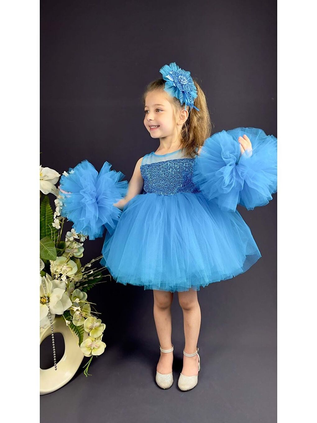 Mavi Şifon Robalı Ponpon Kol Pul Payetli Kız Çocuk Kabarık Etek Tütülü Abiye-2