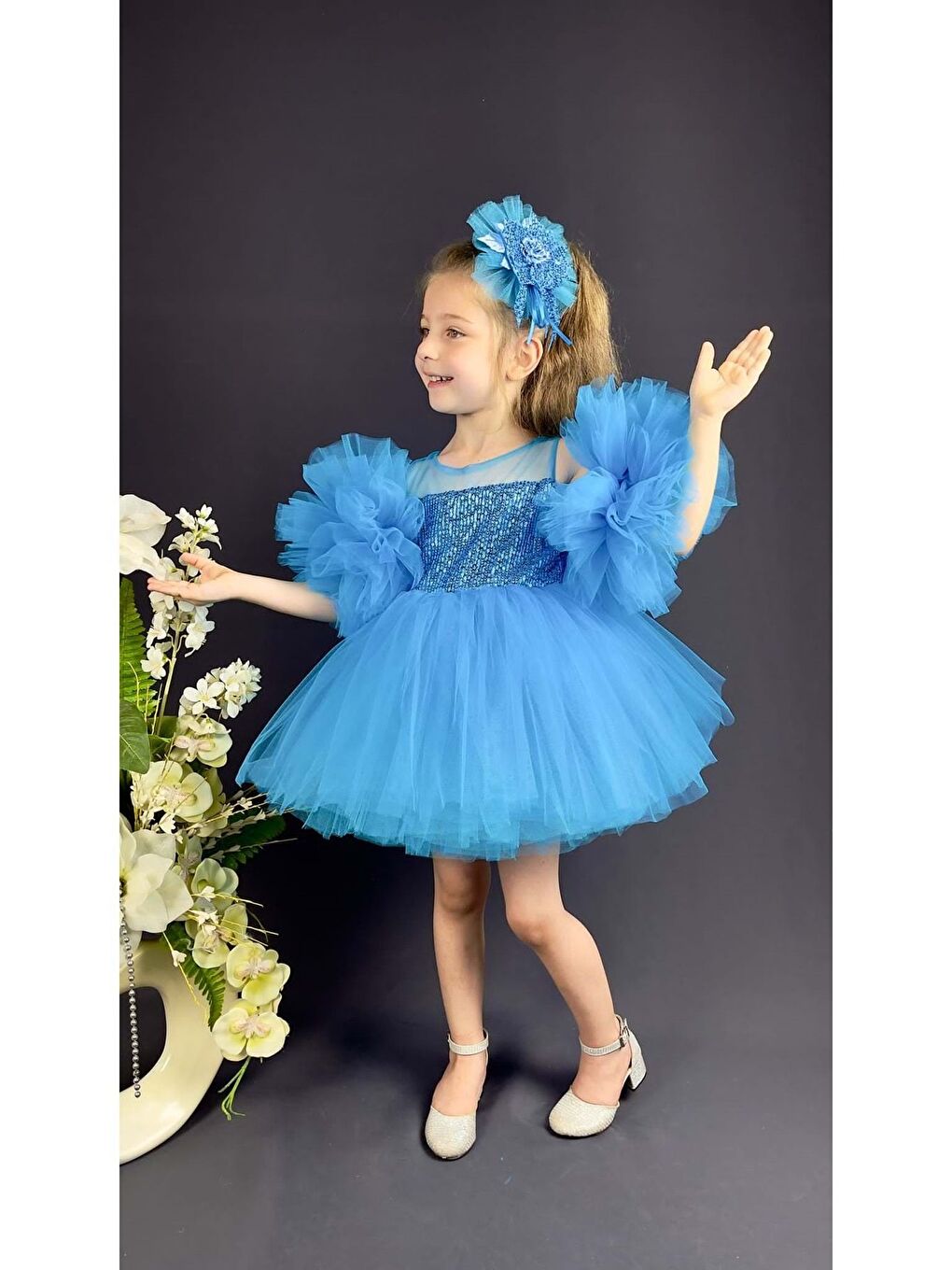 Mavi Şifon Robalı Ponpon Kol Pul Payetli Kız Çocuk Kabarık Etek Tütülü Abiye-3