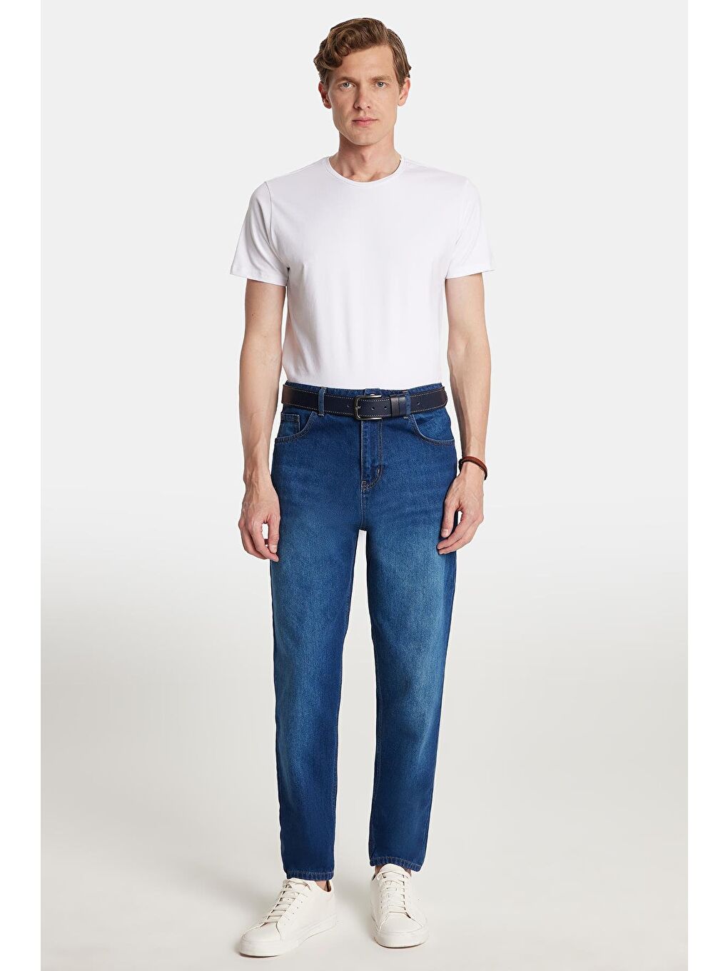 Erkek Relax Fit Geniş Kesim Boru Paça Yıkamalı Taşlamalı Boyfriend Esnek Lacivert Jean Pantolon-2