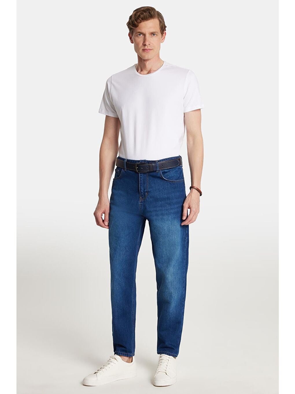 Erkek Relax Fit Geniş Kesim Boru Paça Yıkamalı Taşlamalı Boyfriend Esnek Lacivert Jean Pantolon-3