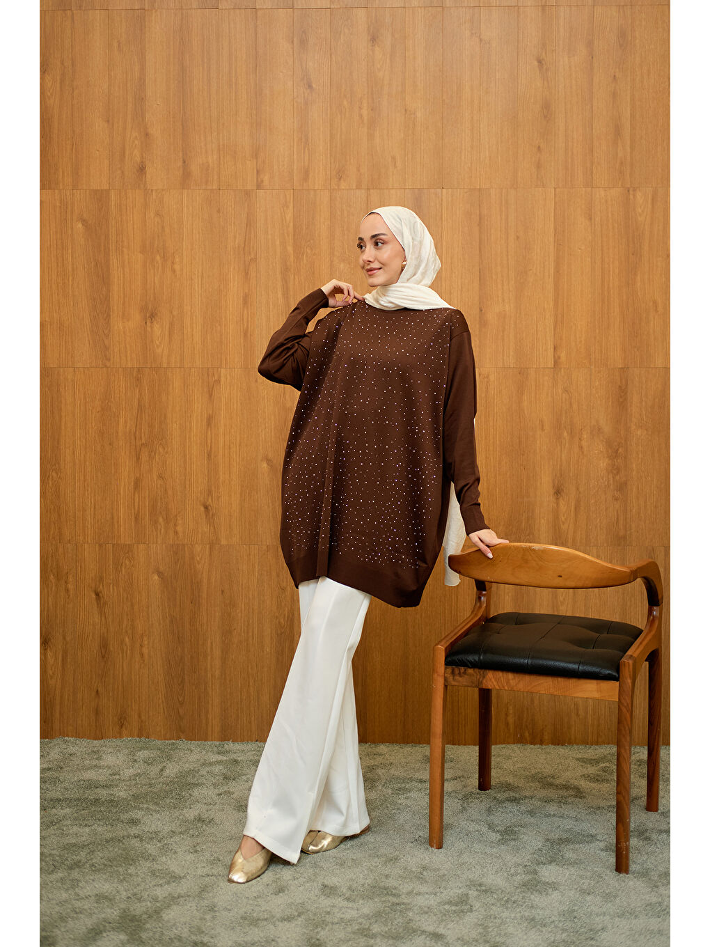 Kadın Taş Detay Triko Tunik Kahverengi-3