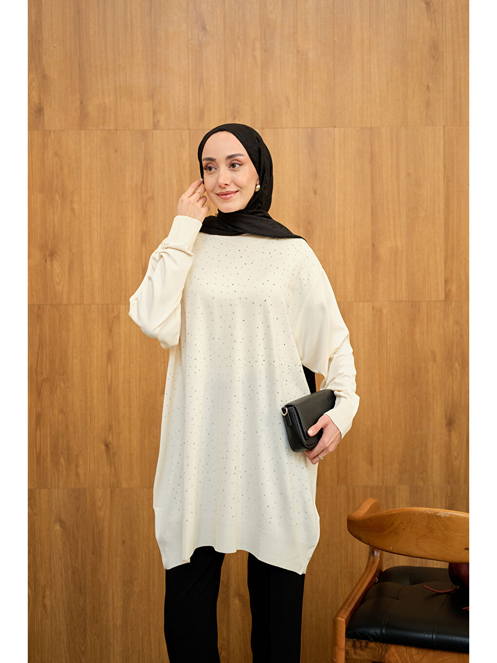 Ekru Kadın Taş Detay Triko Tunik Krem-2