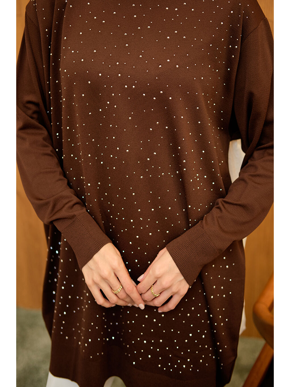 Kadın Taş Detay Triko Tunik Kahverengi-4