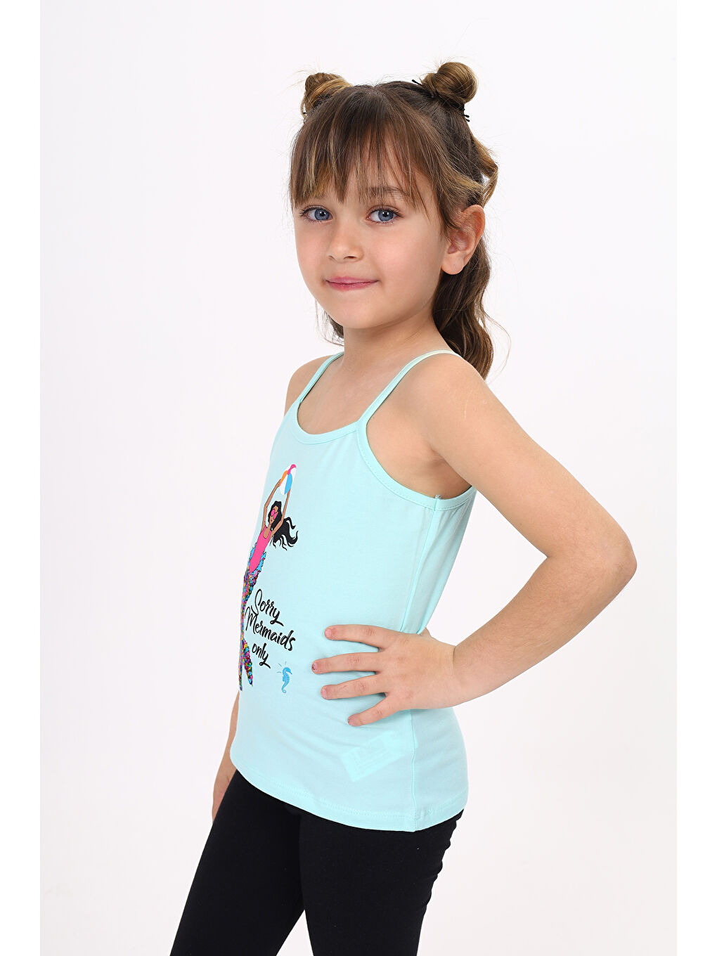 Yeşil Kız Çocuk Deniz Kızı Baskılı Pul İşlemeli Atlet-1